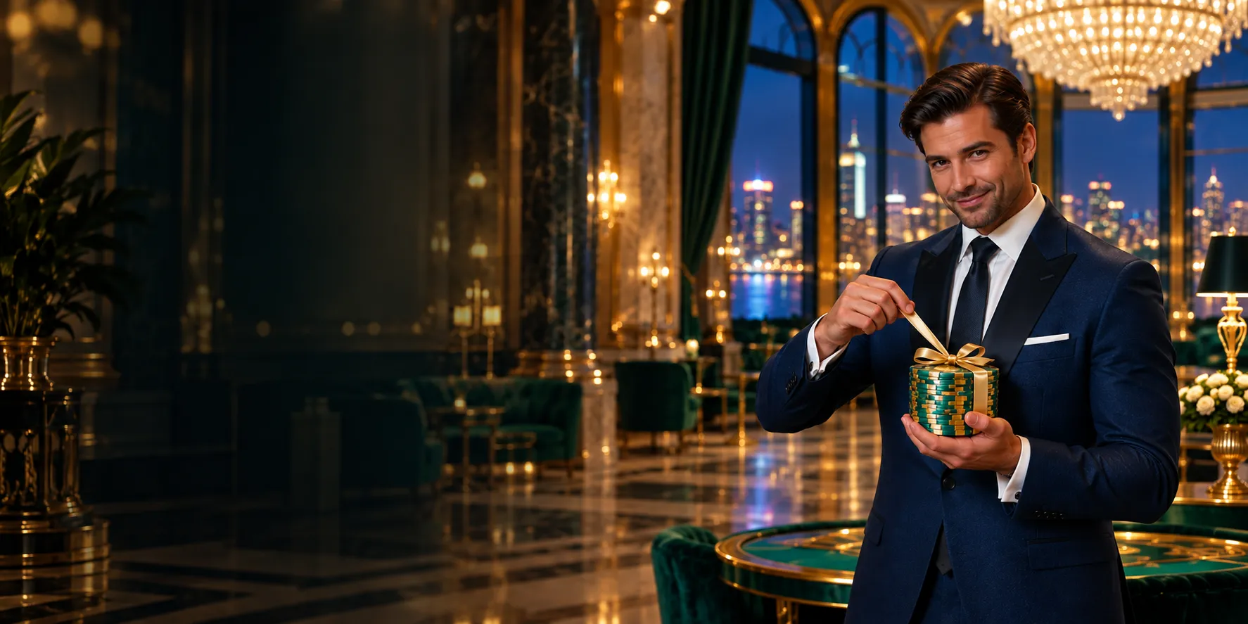 Man untying a ribboned stack of casino chips at a gala