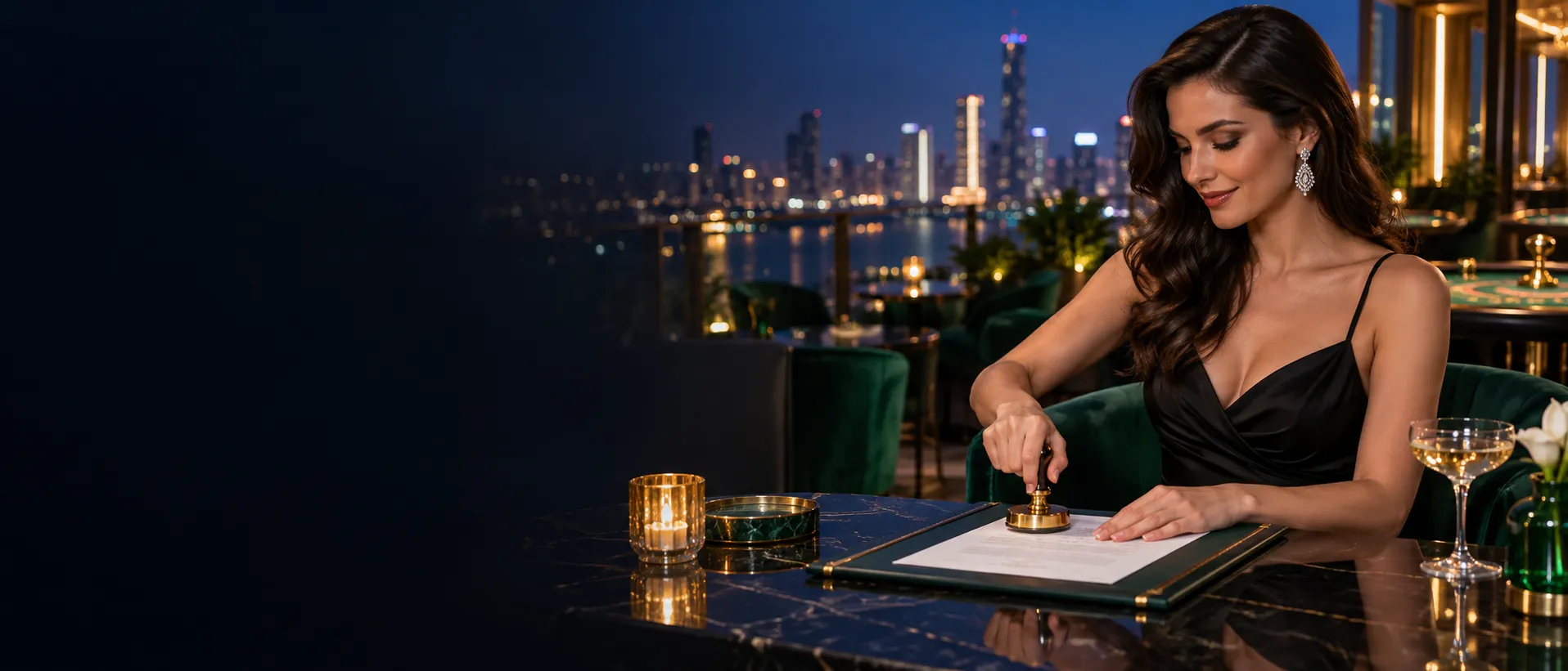 Woman stamping a document at a rooftop sky bar, marking this guide's terms as checked