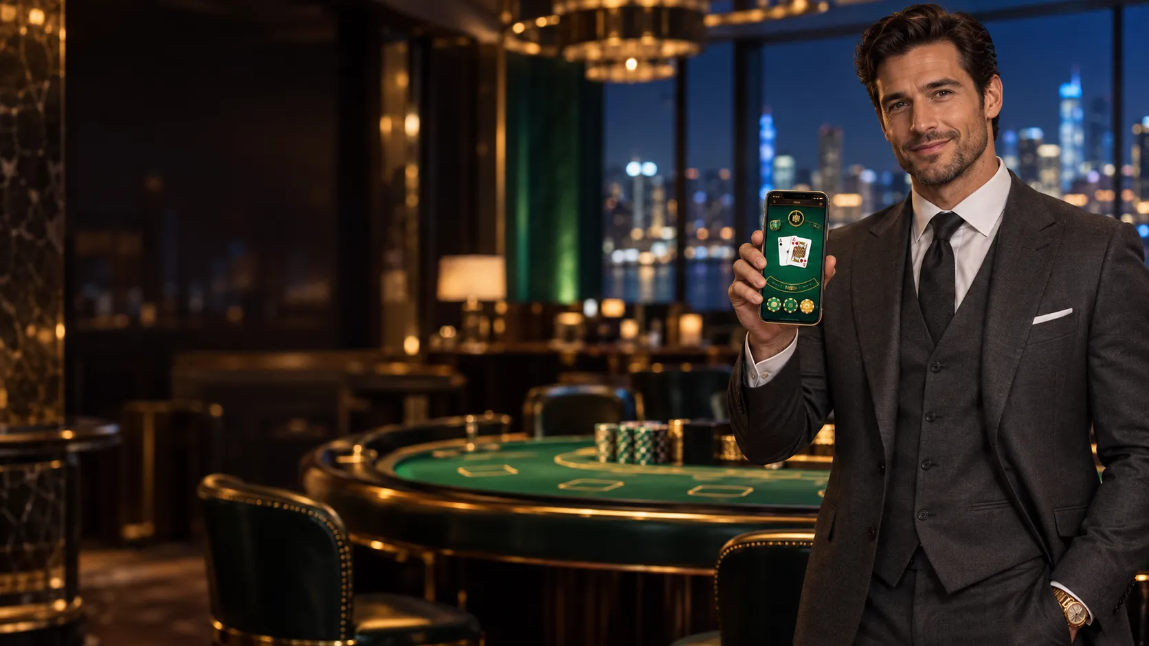 Man checking a lit phone screen beside a blackjack pit