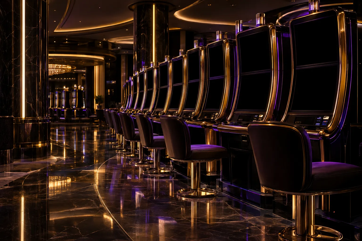 Rows of illuminated slot cabinets on a casino floor