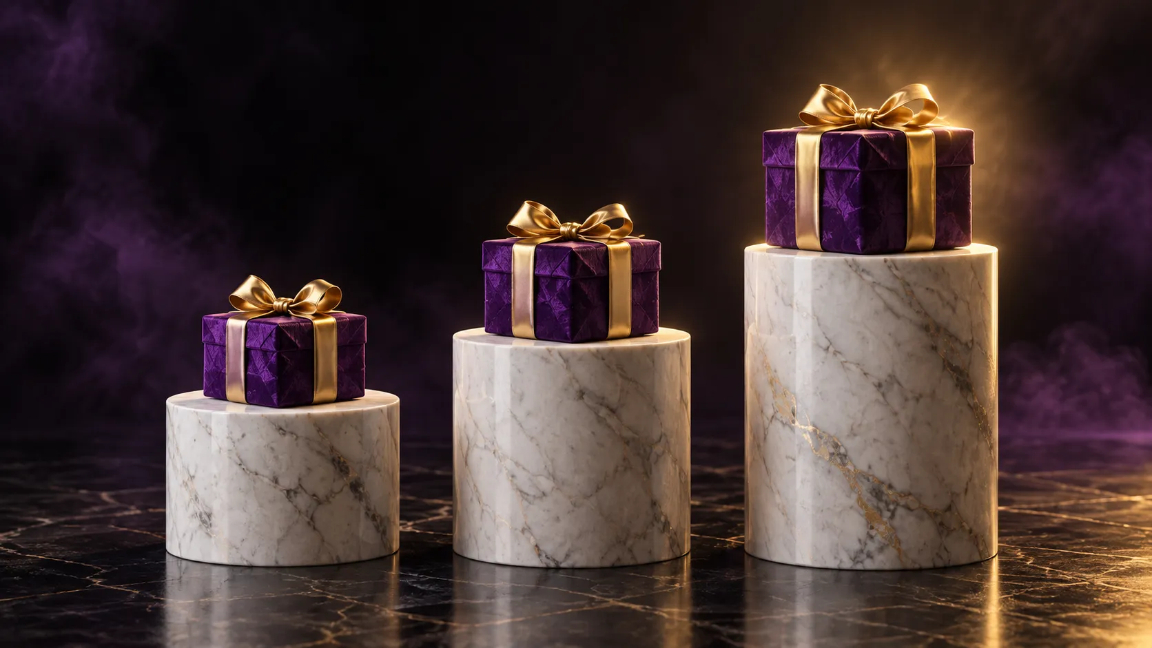 Four staged plinths representing the welcome package's deposit steps